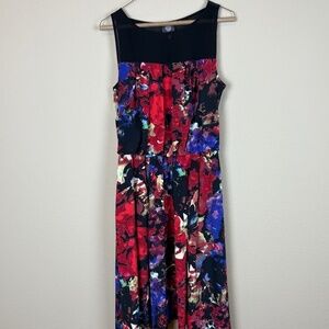 Vince Camuto Black/Red/Purple Asymmetrical Floral Sleeveless Dress; Size 10